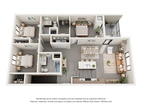 Floor plan for 3 beds, 2 baths, 1219 sqft